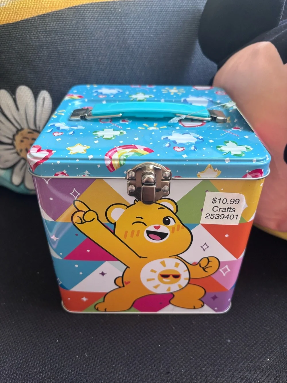 Colorful Green Bear Tin Storage Box with Blue Handle